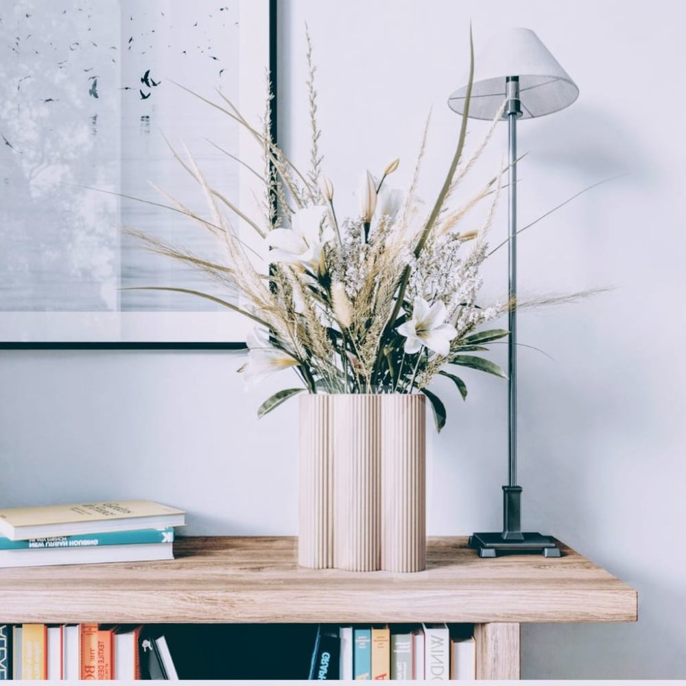 White Striated Trifold Flower Vase, Home Decor